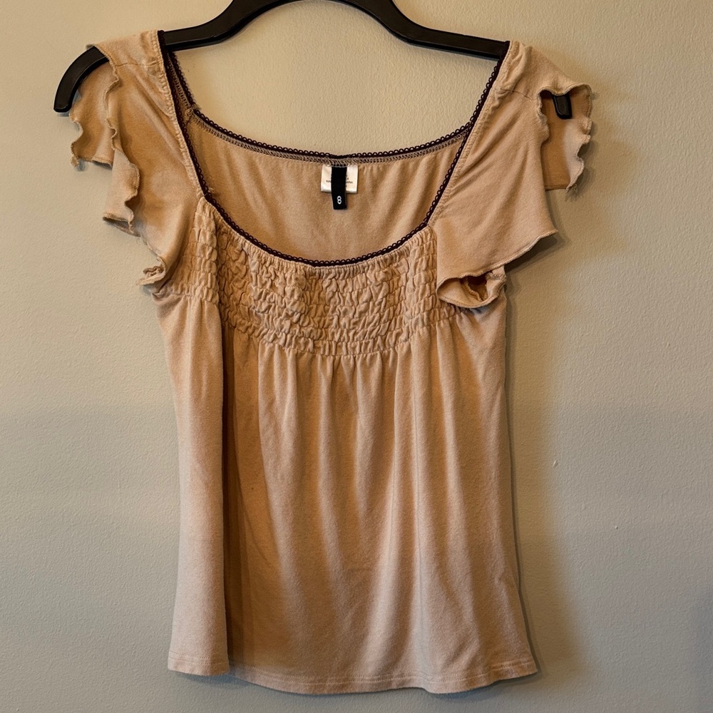 Divided Beige Ruffle-Trim Smocked Knit Blouse
